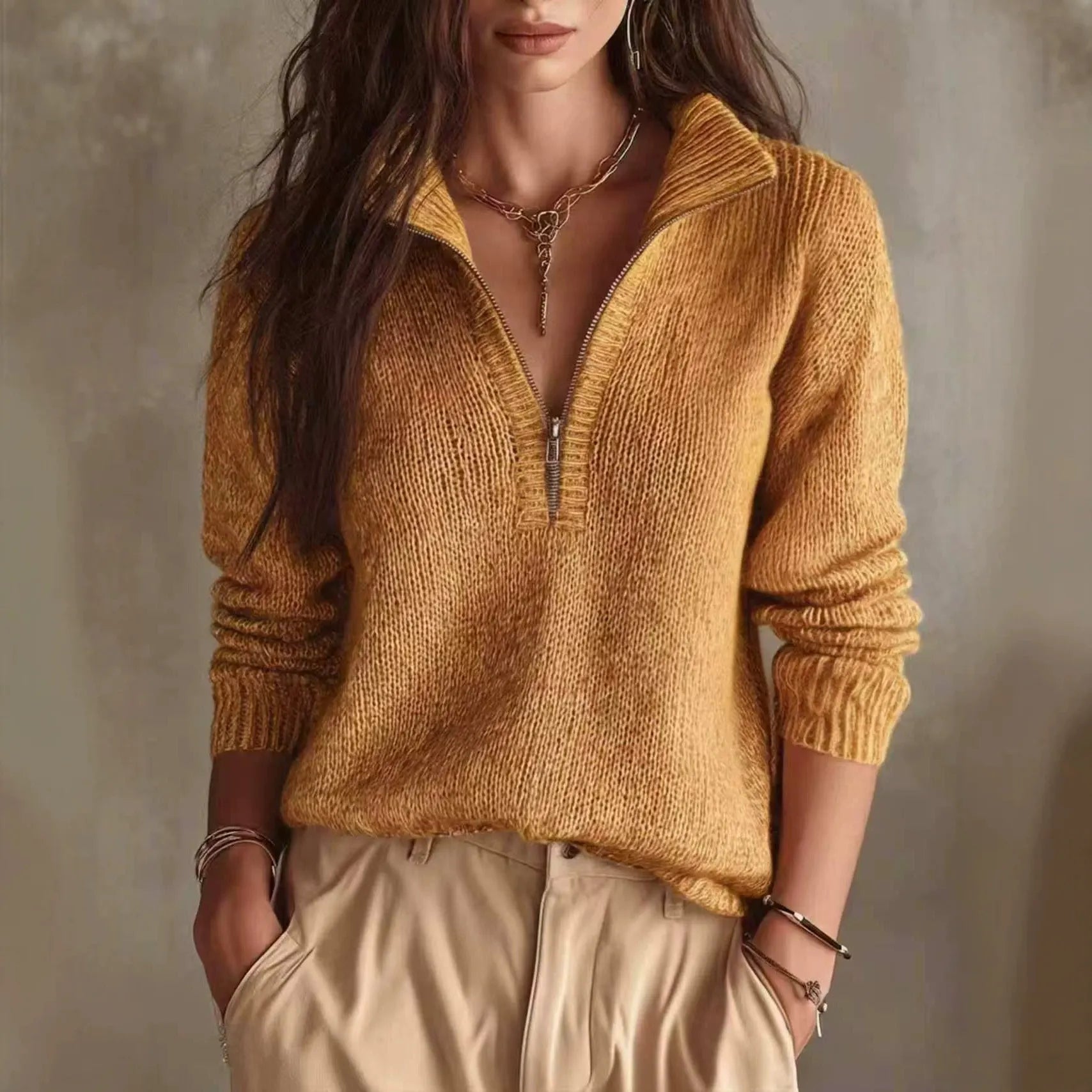 Relaxed Fit Half Zip Collar Knit Top Solid Long Sleeve Sweater