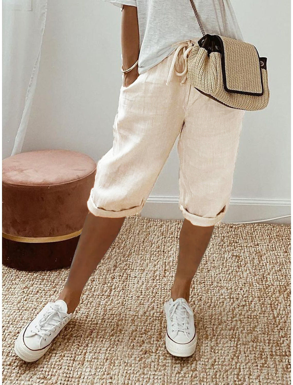 Women's Elastic Waist Casual Pants with Flap Pockets