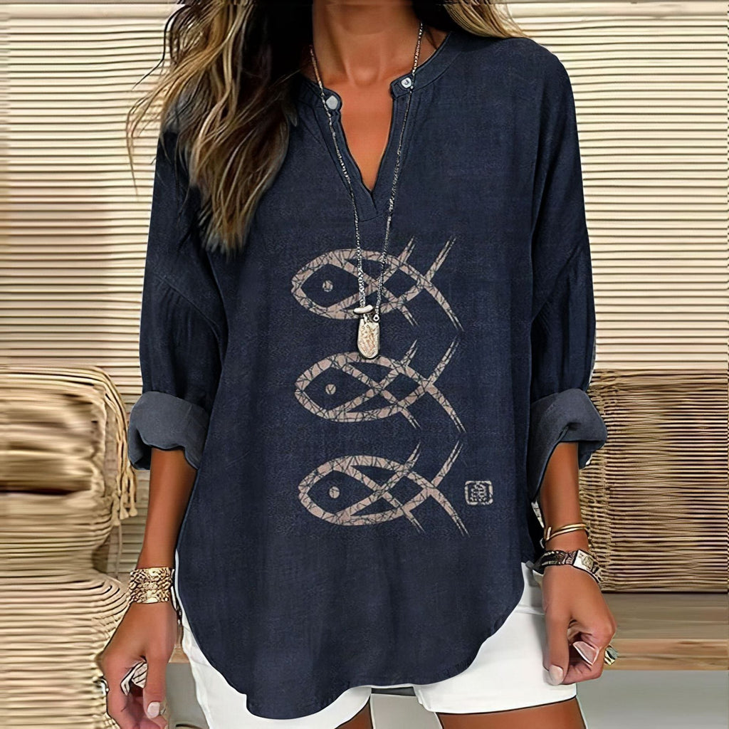 Split V-Neck 3/4 Sleeve Loose Fit Casual Top