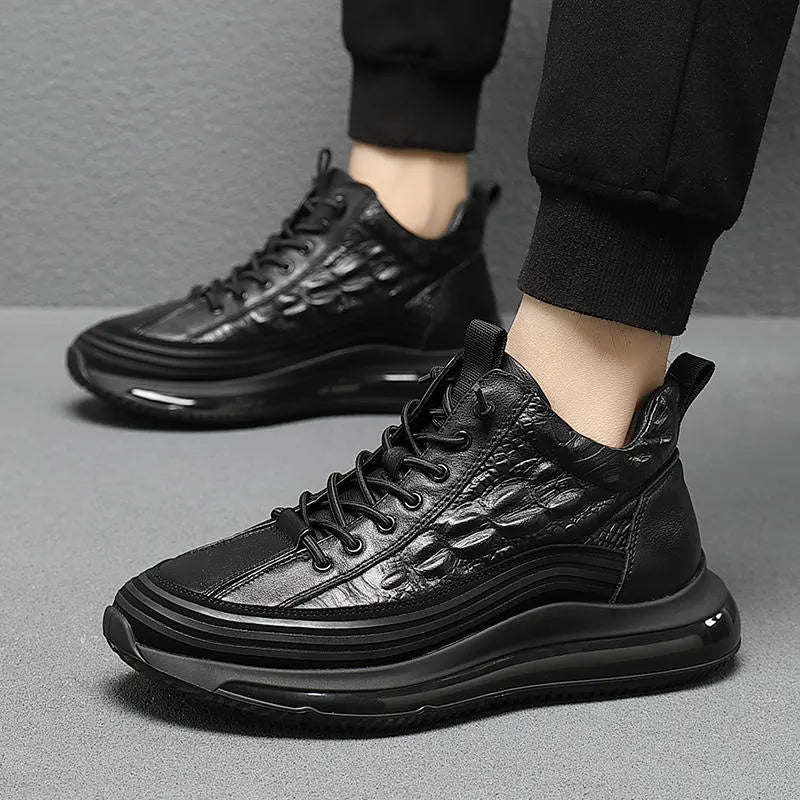 Mens Crocodile Print Genuine Leather Non-slip Arch Support Casual Sneakers