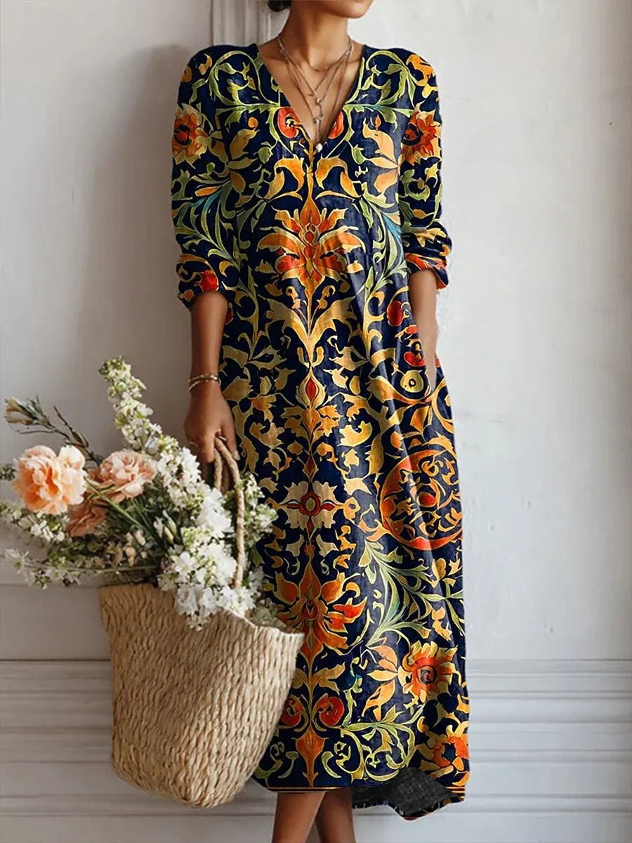 Women's Boho Floral Print Linen Maxi Dress