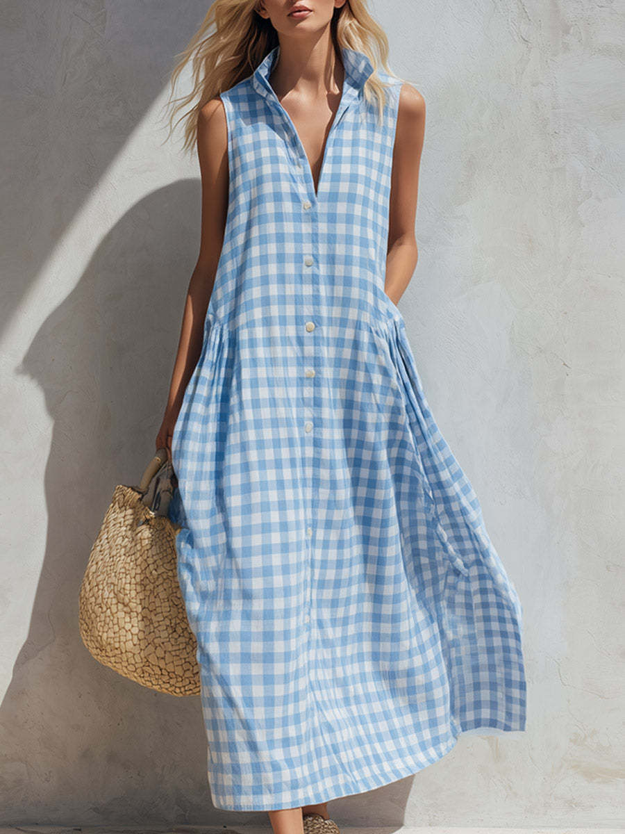 Minimalist Summer Plaid Sleeveless Shirt Dress Stand Collar Half Placket Pocket Flowy Vacation Midi Dress