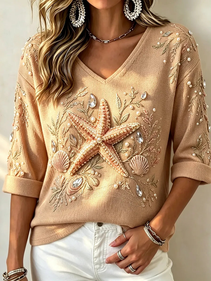 Women's Ocean Embellished V-Neck Knit Top – Relaxed Rolled Sleeve Style