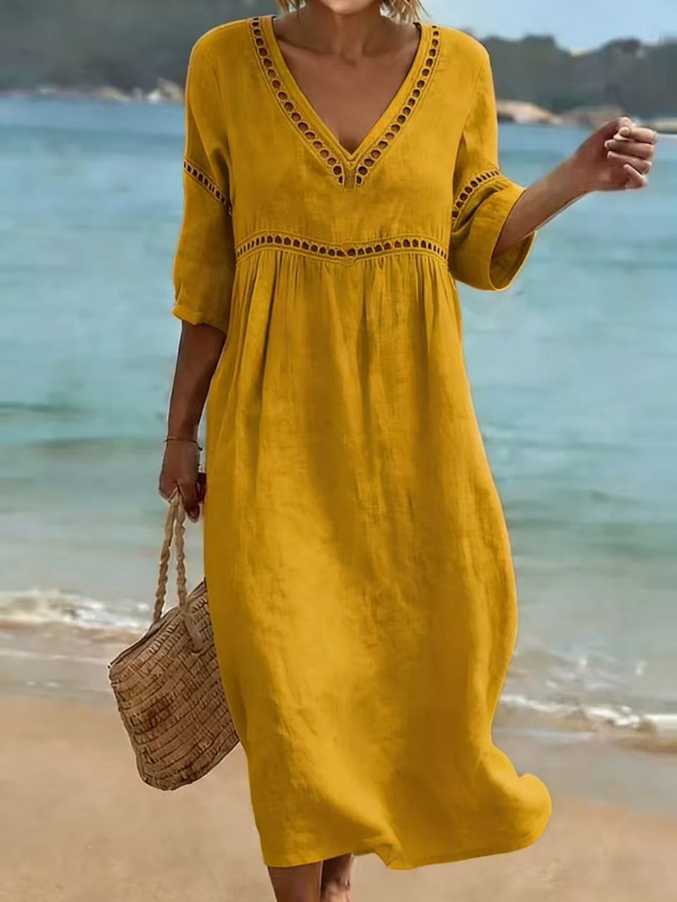 Elegant and casual V-neck solid color dress