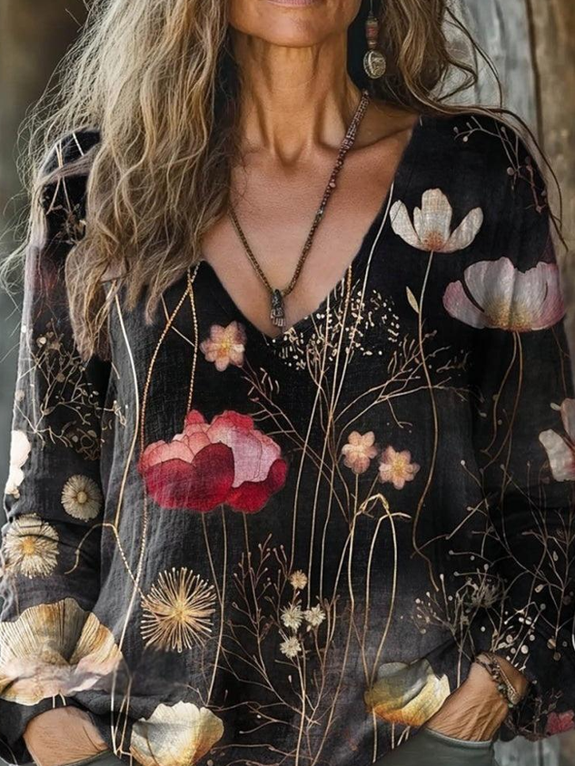 Women's Vintage Lovely Floral Art Print Casual Long Sleeve T-Shirt