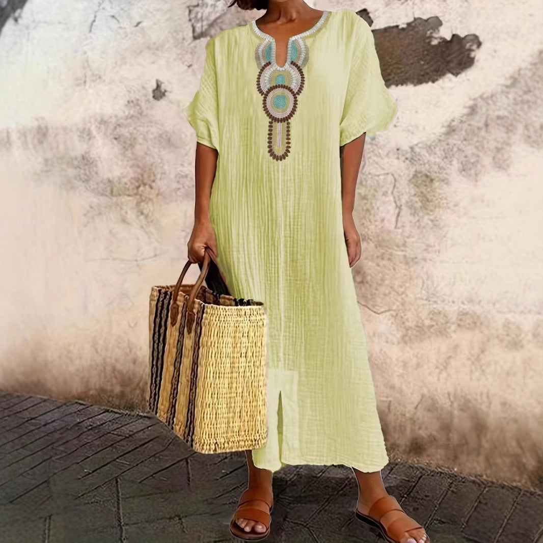 Women's Boho Embroidered Linen-Blend Kaftan Maxi Dress