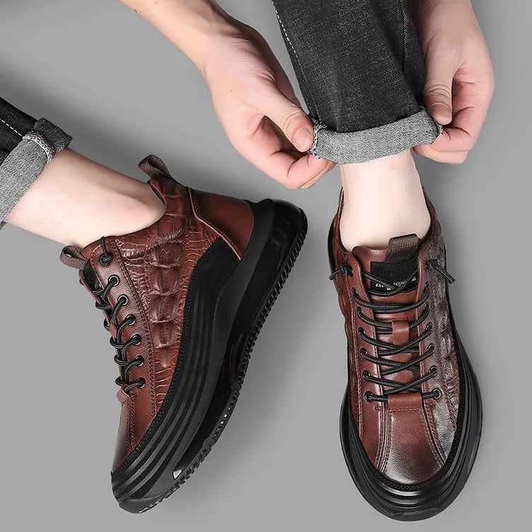 Mens Crocodile Print Genuine Leather Non-slip Arch Support Casual Sneakers