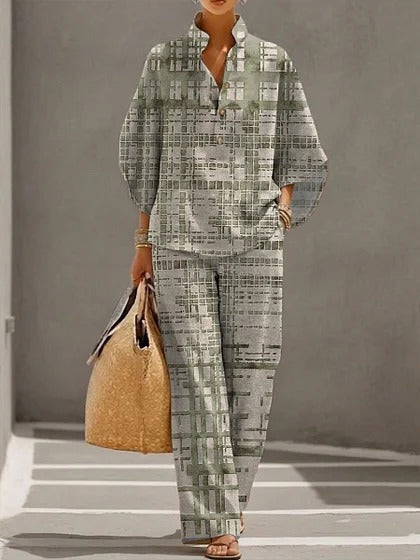 Stand-up collar polo shirt & wide-leg pants retro print two-piece set