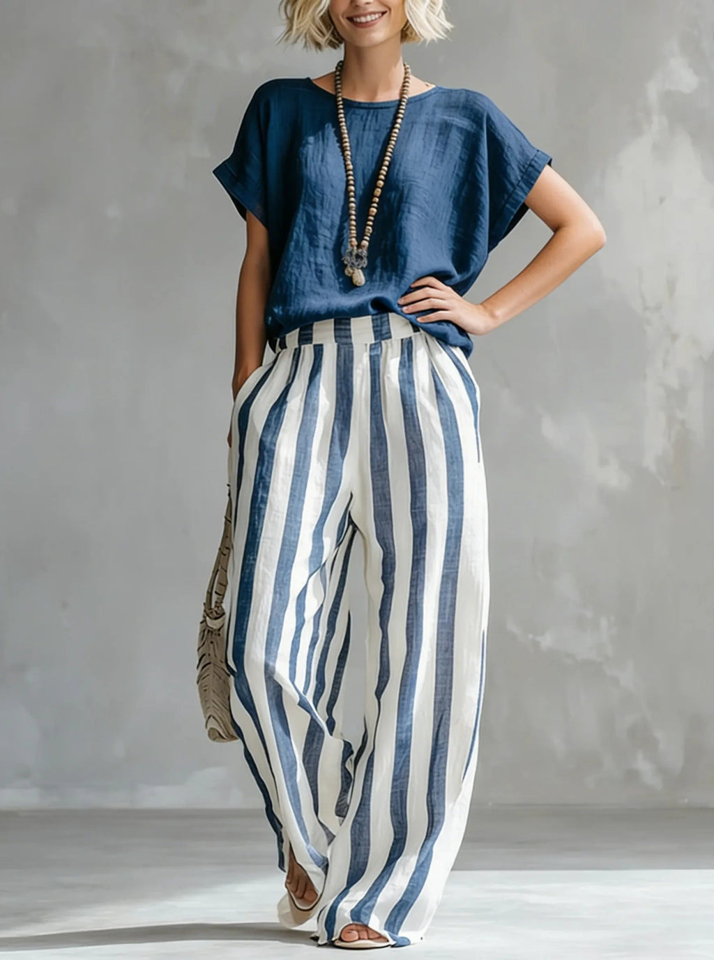 Linen Cotton Two Piece Set | Women's Striped Casual Outfit