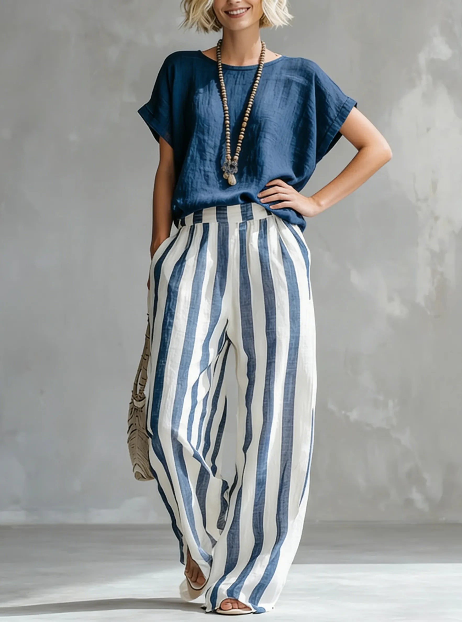 Linen Cotton Two Piece Set | Women's Striped Casual Outfit