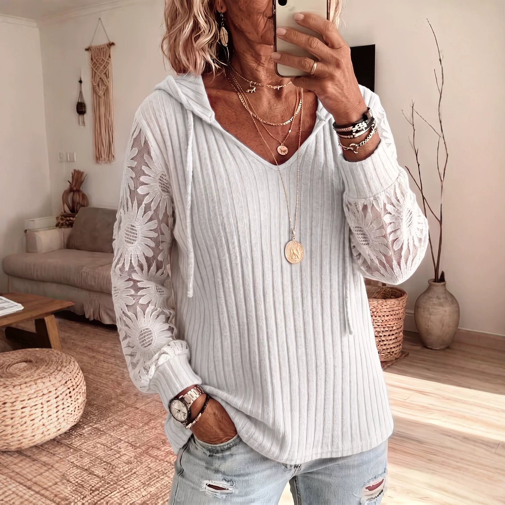 Ladies Drawstring Hoodie V‑Neck Lace Floral Long Sleeve Ribbed Knit Casual Pullover Top
