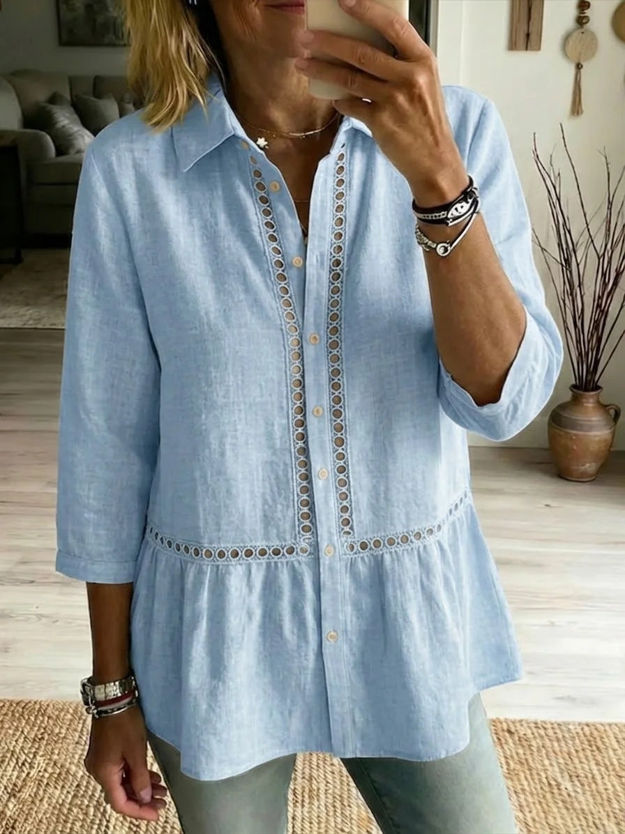 Women's Collared 3/4 Sleeve Button-down Blouse