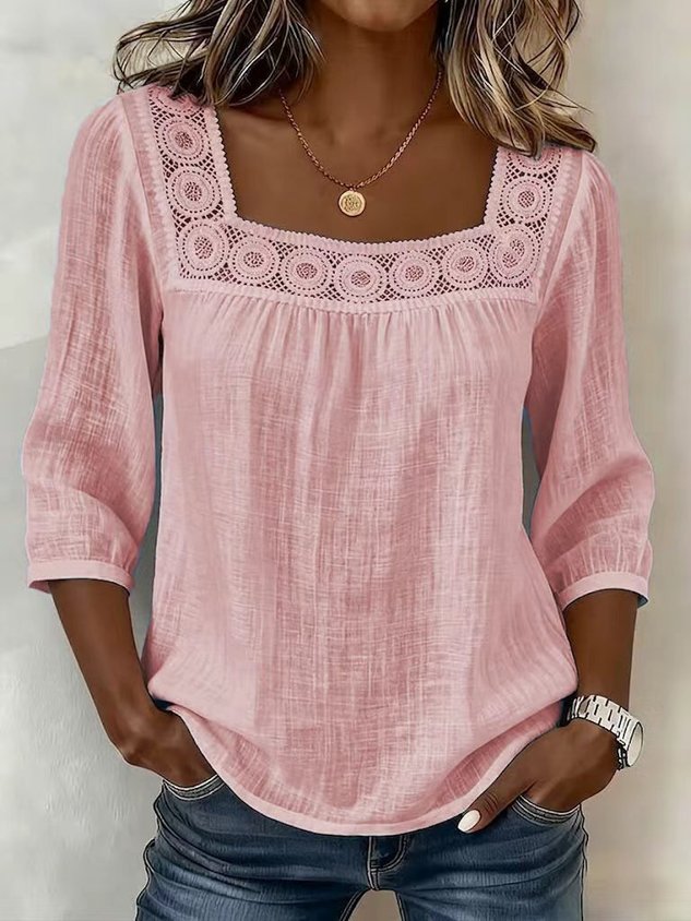 Linen Blend Square Neck Loose Elegant Blouse