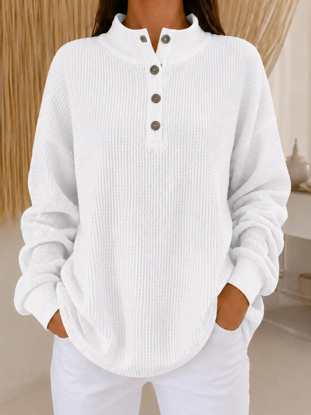 Cozy Luxe Waffle Knit Button-Down Pullover - Loose Fit Casual Long Sleeve Tops