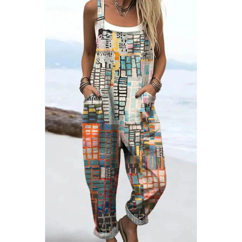Printed Loose Overalls | Women's Casual Sleeveless Jumpsuit