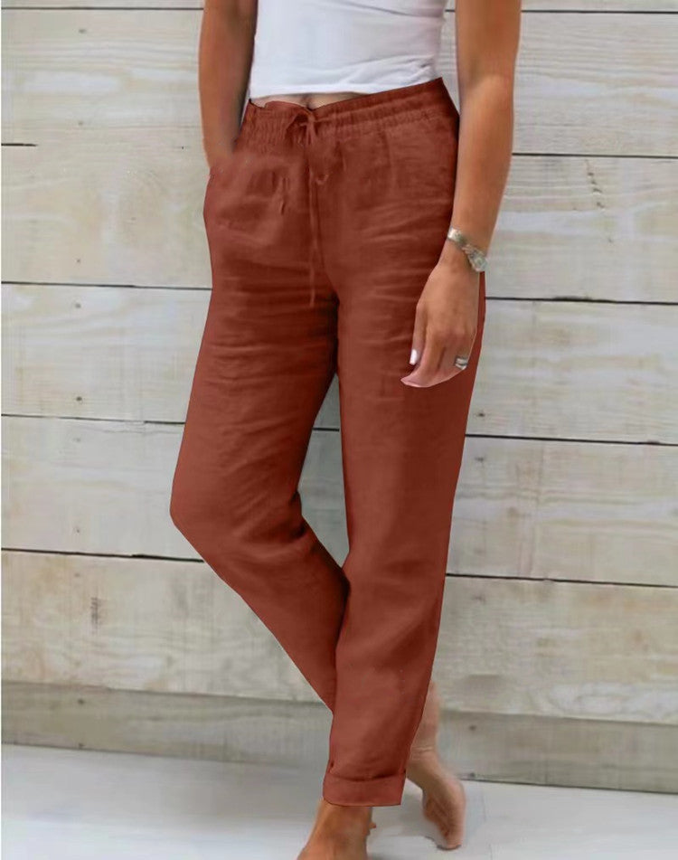 Elastic high-waisted solid color cotton and linen casual pants