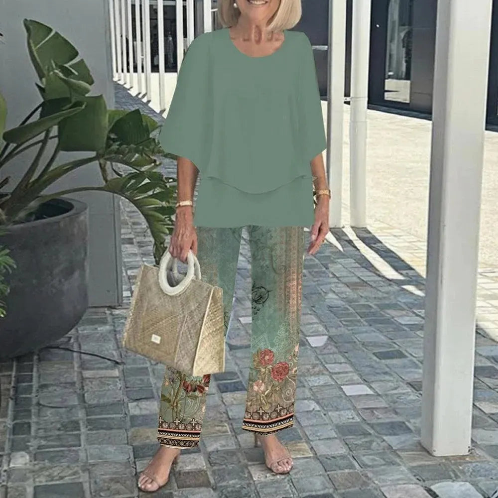 Women Round Neck Mid Sleeve Loose Top & Printed Straight Pants 2 Piece Co Ord Set