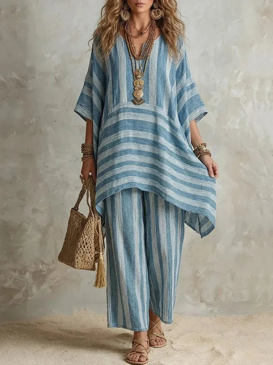 Women Striped V-Neck Batwing Sleeve Top & Wide Leg Pants 2 Piece Resort Loungewear Set