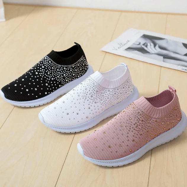 Women's Rhinestone Breathable Fly-Woven Mesh Plus Size Sneakers