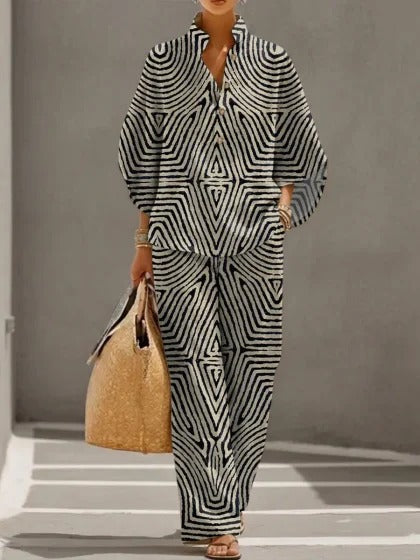 Stand-up collar polo shirt & wide-leg pants retro print two-piece set