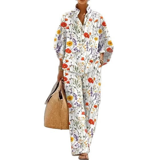 Stand-up collar polo shirt & wide-leg pants retro print two-piece set