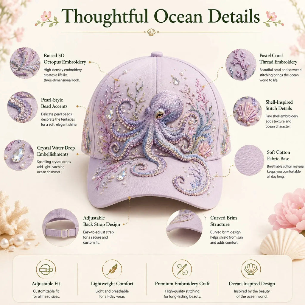 🌊 3D Ocean Creatures Embroidery Cap | Pearl & Crystal Adjustable Hat for Beach, Travel & Everyday Wear
