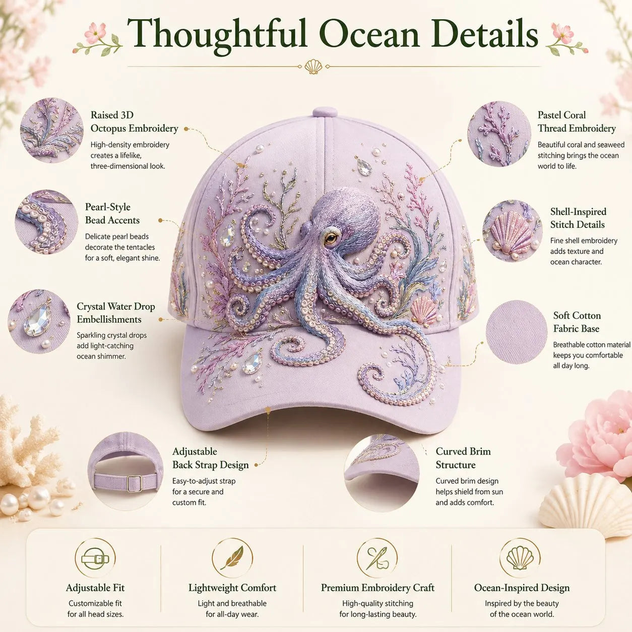 🌊 3D Ocean Creatures Embroidery Cap | Pearl & Crystal Adjustable Hat for Beach, Travel & Everyday Wear