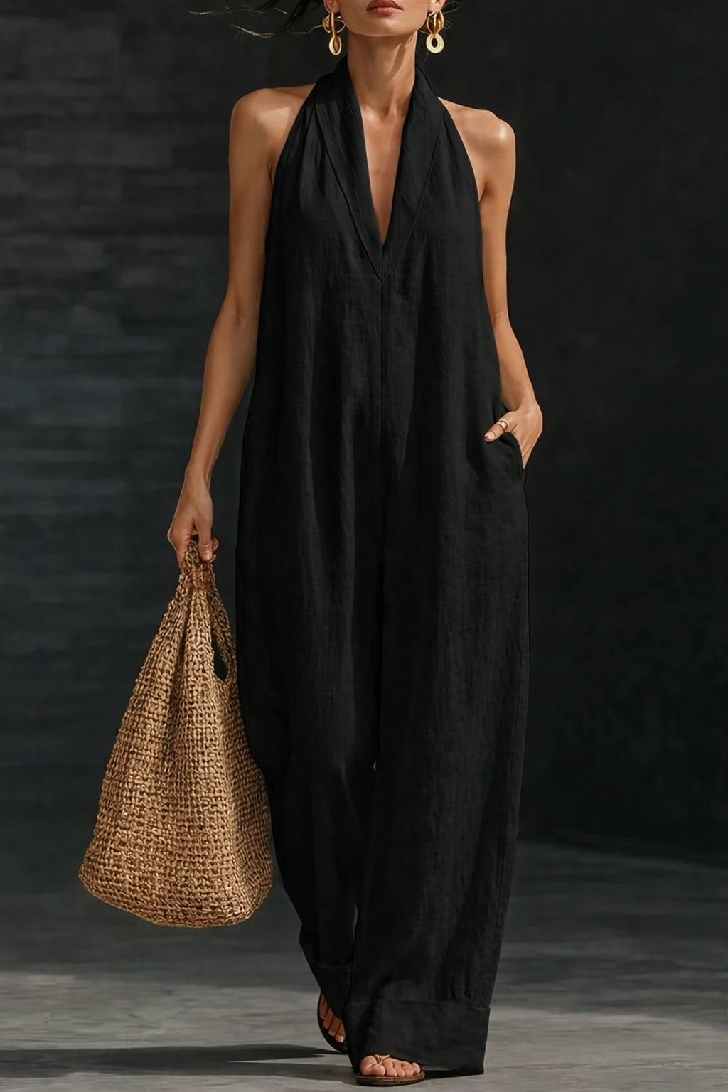 Halter Neck Linen Jumpsuit | Women's Wide Leg One Piece Outfit
