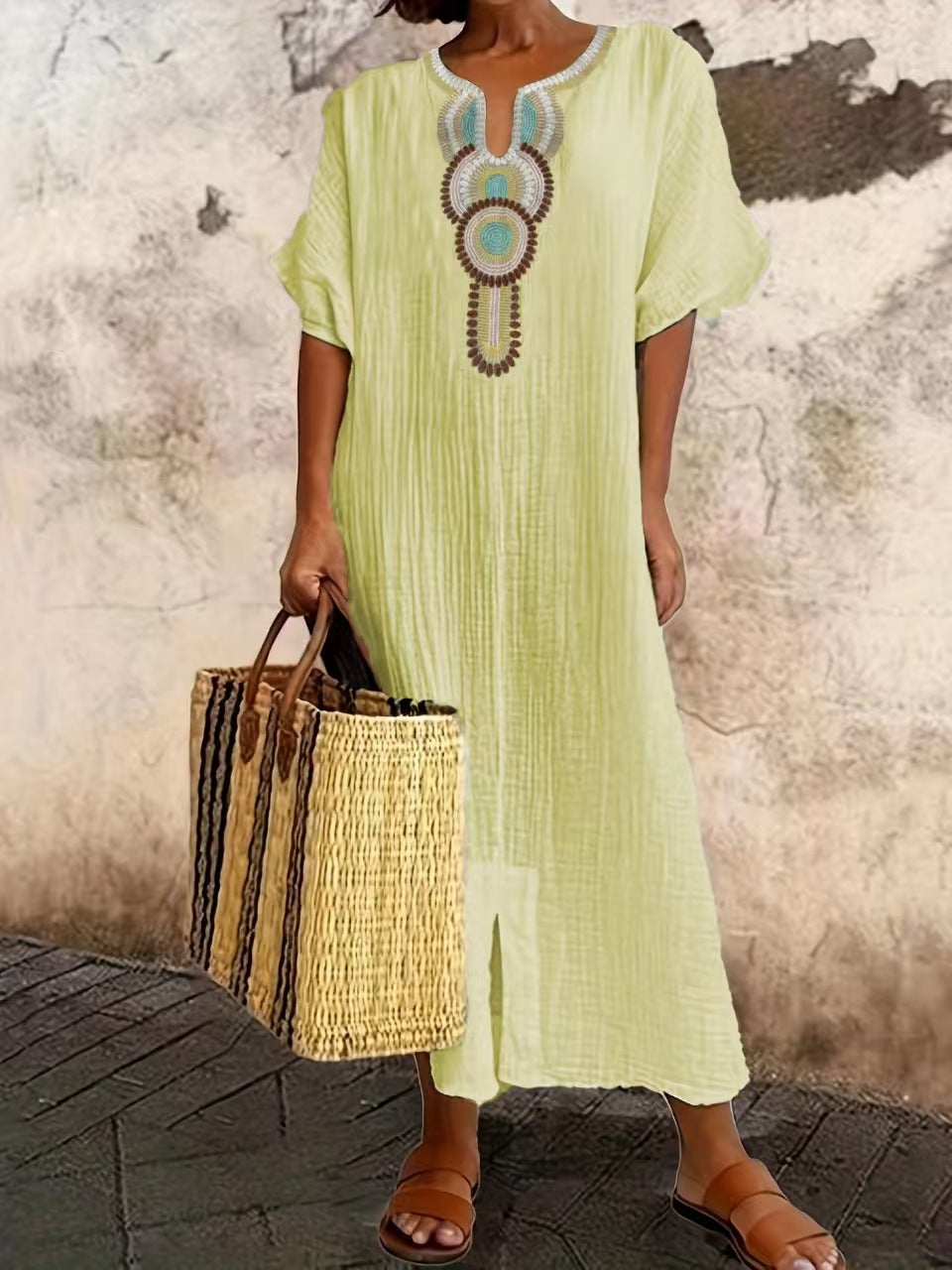 Women's Boho Embroidered Linen-Blend Kaftan Maxi Dress