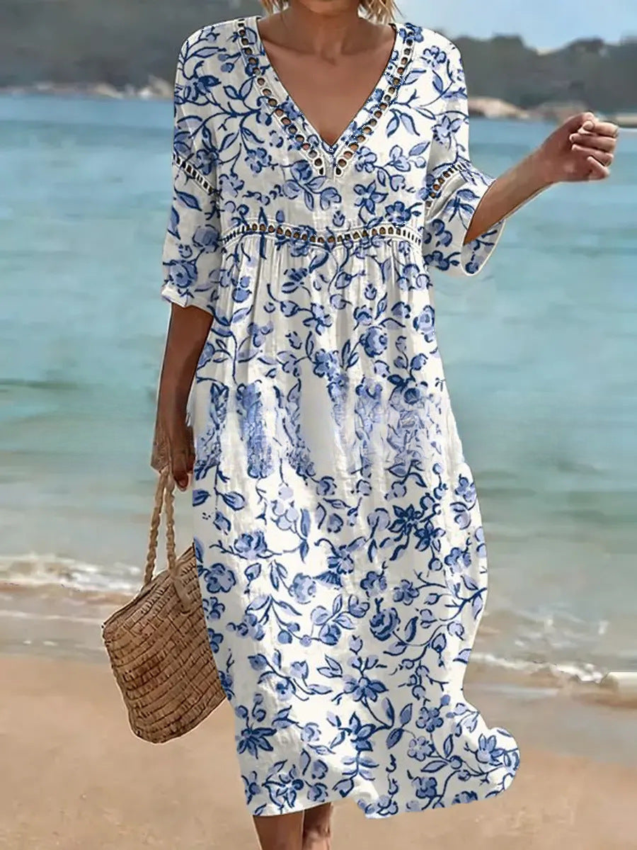 Women's V-Neck Floral & Print Midi Dress