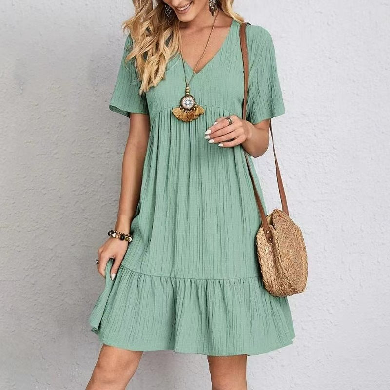 Loose-fitting casual short-sleeved fitted waist dress