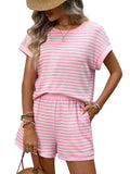 Loose Striped Round Neck Tee & Drawstring Pocket Shorts Casual Vacation Co Ord Set