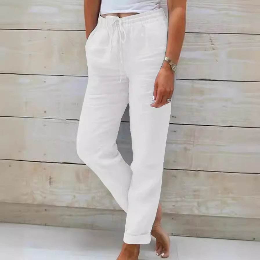 Elastic high-waisted solid color cotton and linen casual pants