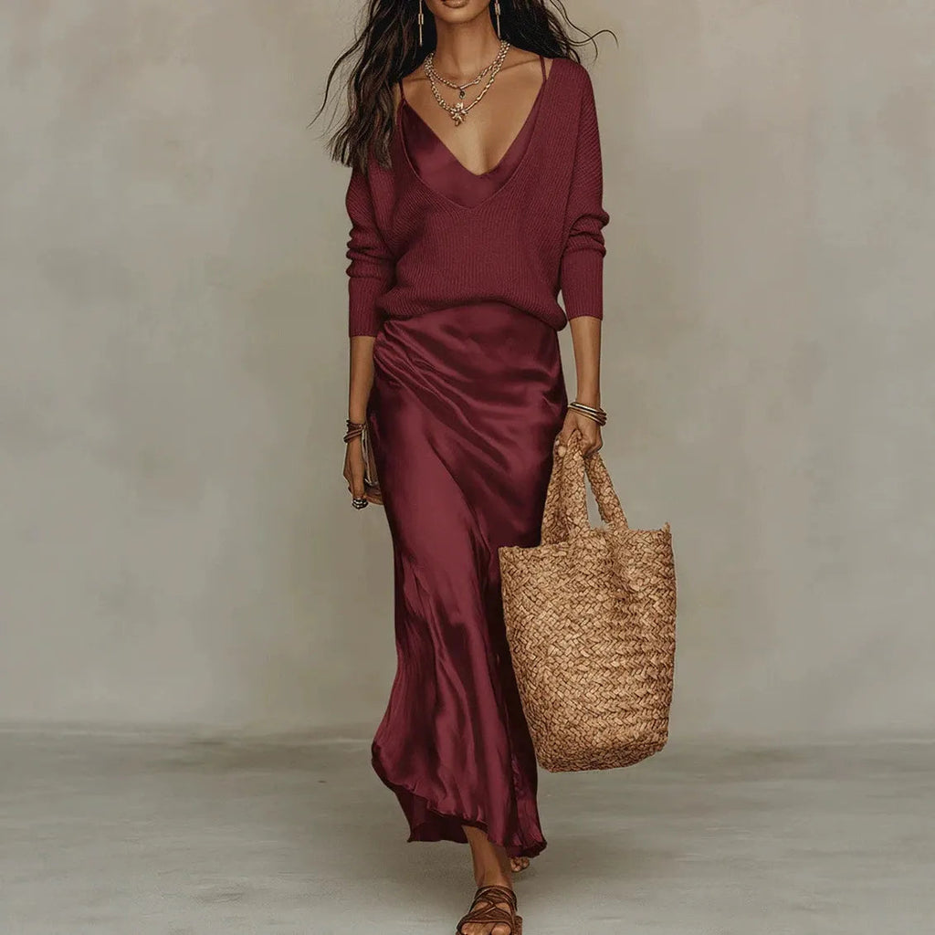 Women V Neck Loose Knit Pullover Satin Spaghetti Strap Midi Dress Layered 2 Piece Outfit Set
