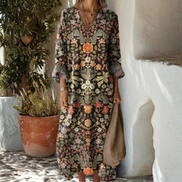 Women's Boho Floral Print Linen Maxi Dress