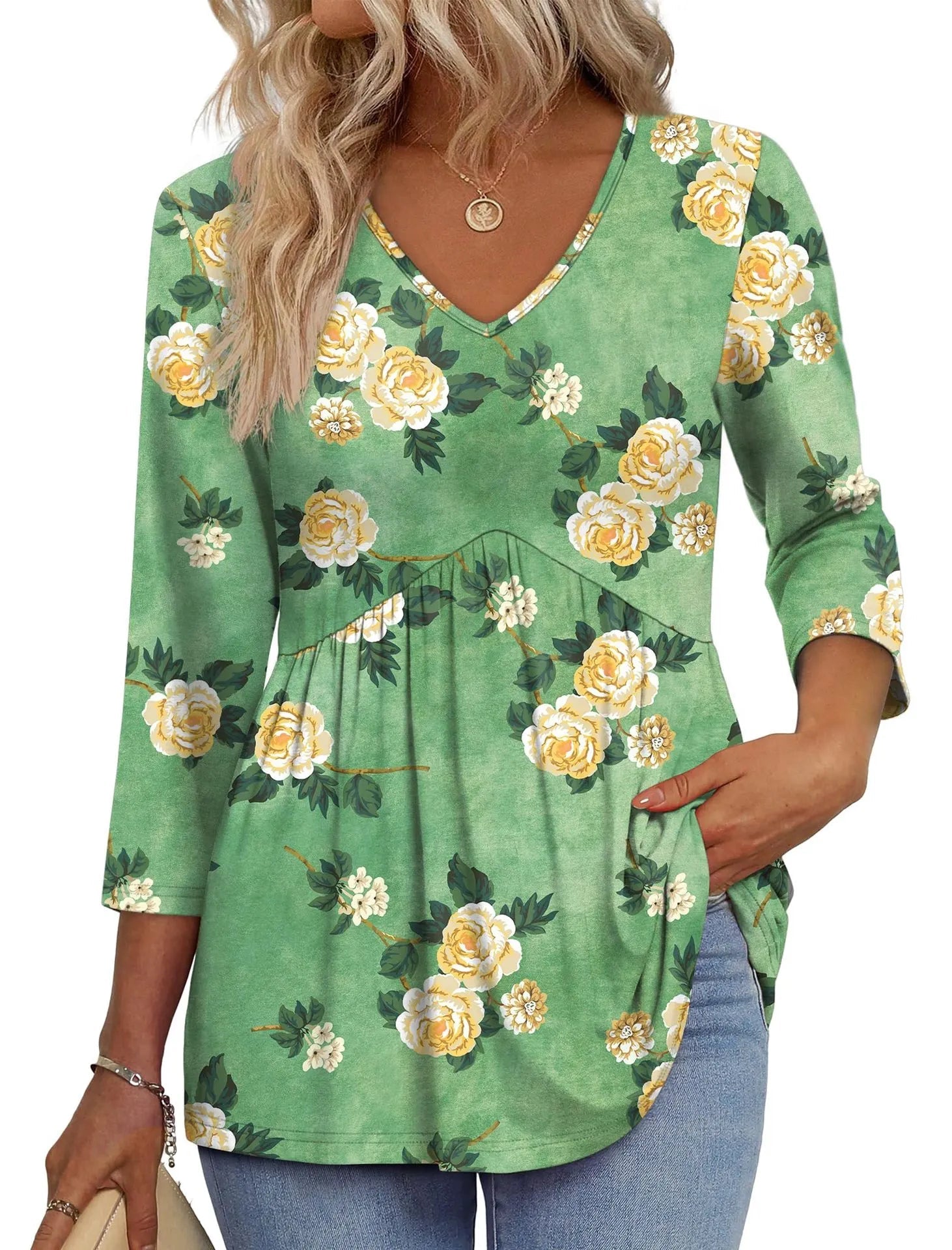 Women V Neck 3/4 Sleeve Leaf Print Empire Waist Tunic Top