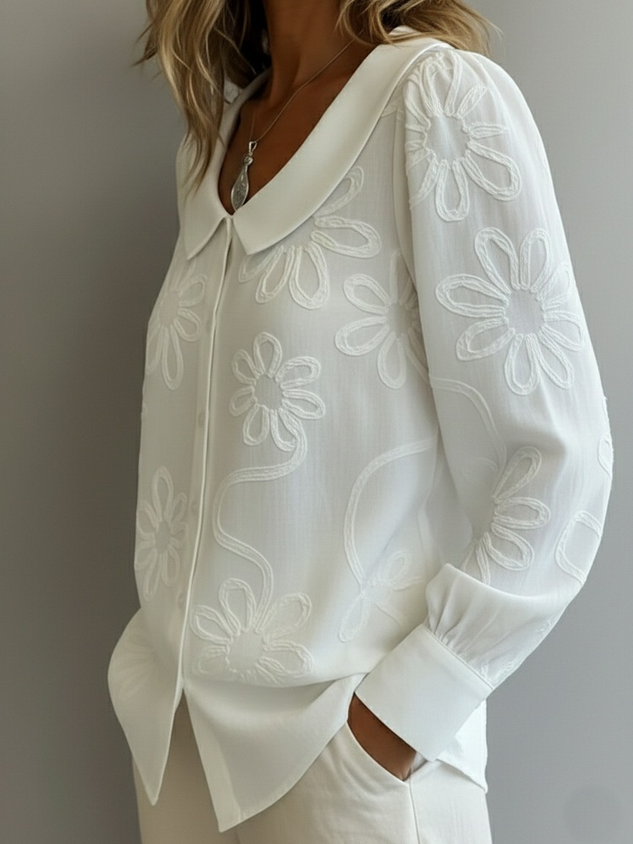 Embroidery Floral Long Sleeve Crew Neck Button Spring Loose Going Out Casual Top