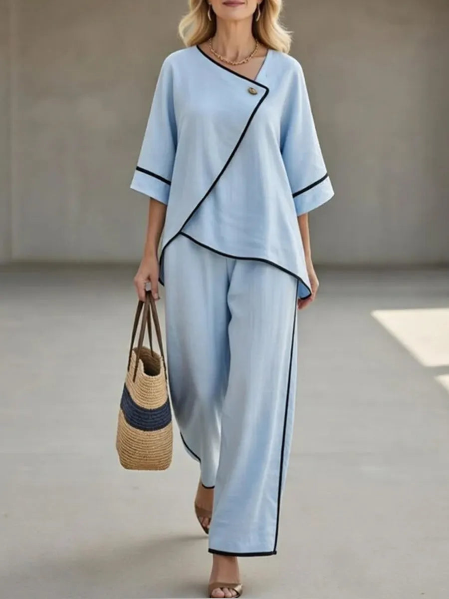 Women's Asymmetric Wrap Linen 2 Piece Pants Set