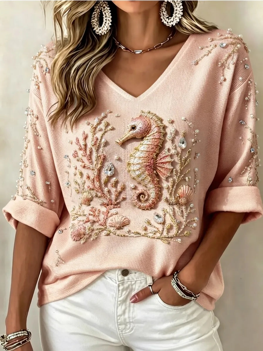 Women's Ocean Embellished V-Neck Knit Top – Relaxed Rolled Sleeve Style
