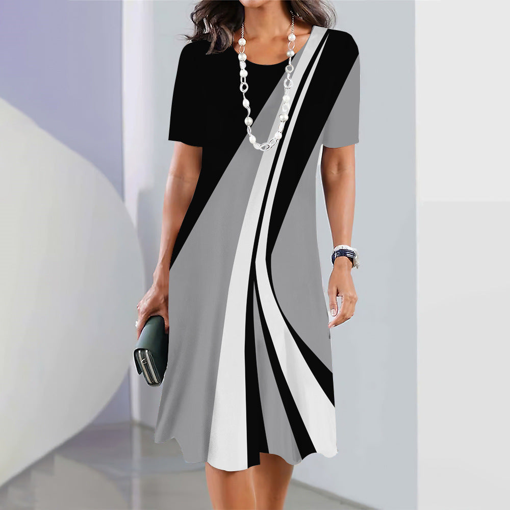 Women Geometric Color Block Short Sleeve Midi Dress