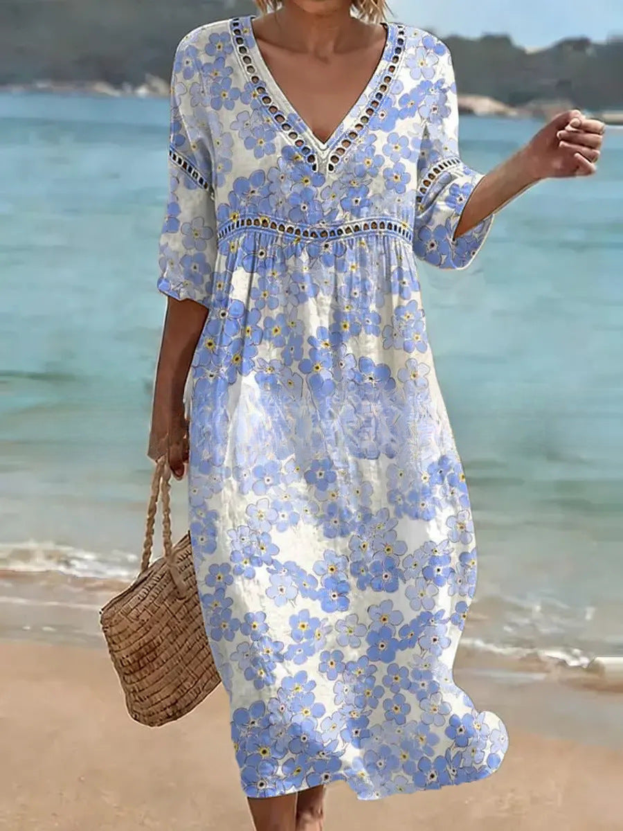 Women's V-Neck Floral & Print Midi Dress