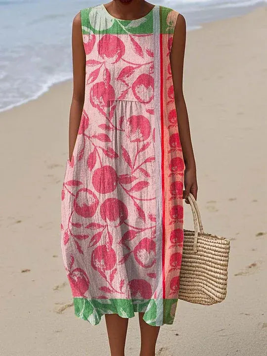 Cotton Linen Printed Midi Dress | Women's Sleeveless Beach Vacation Dress