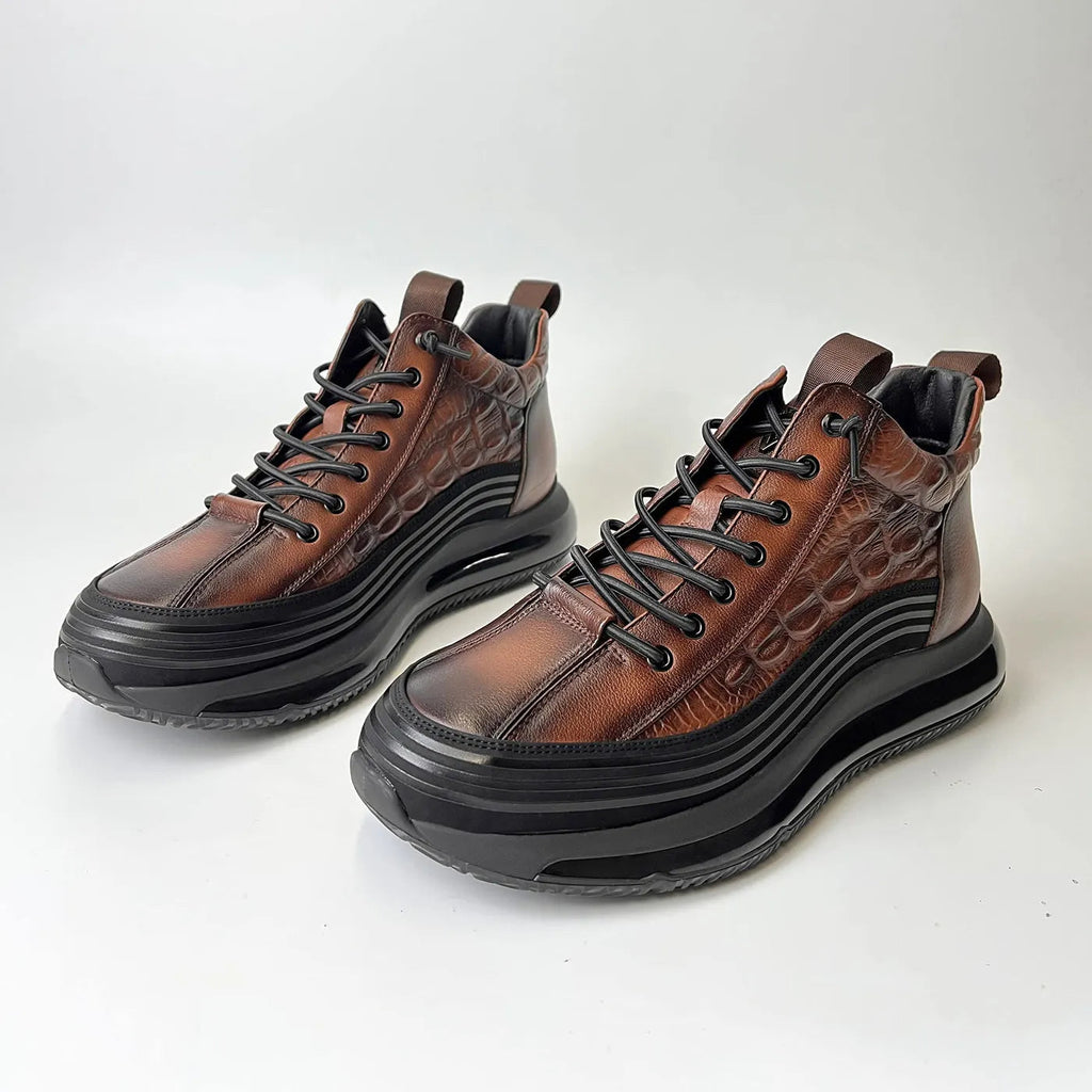 Mens Crocodile Print Genuine Leather Non-slip Arch Support Casual Sneakers