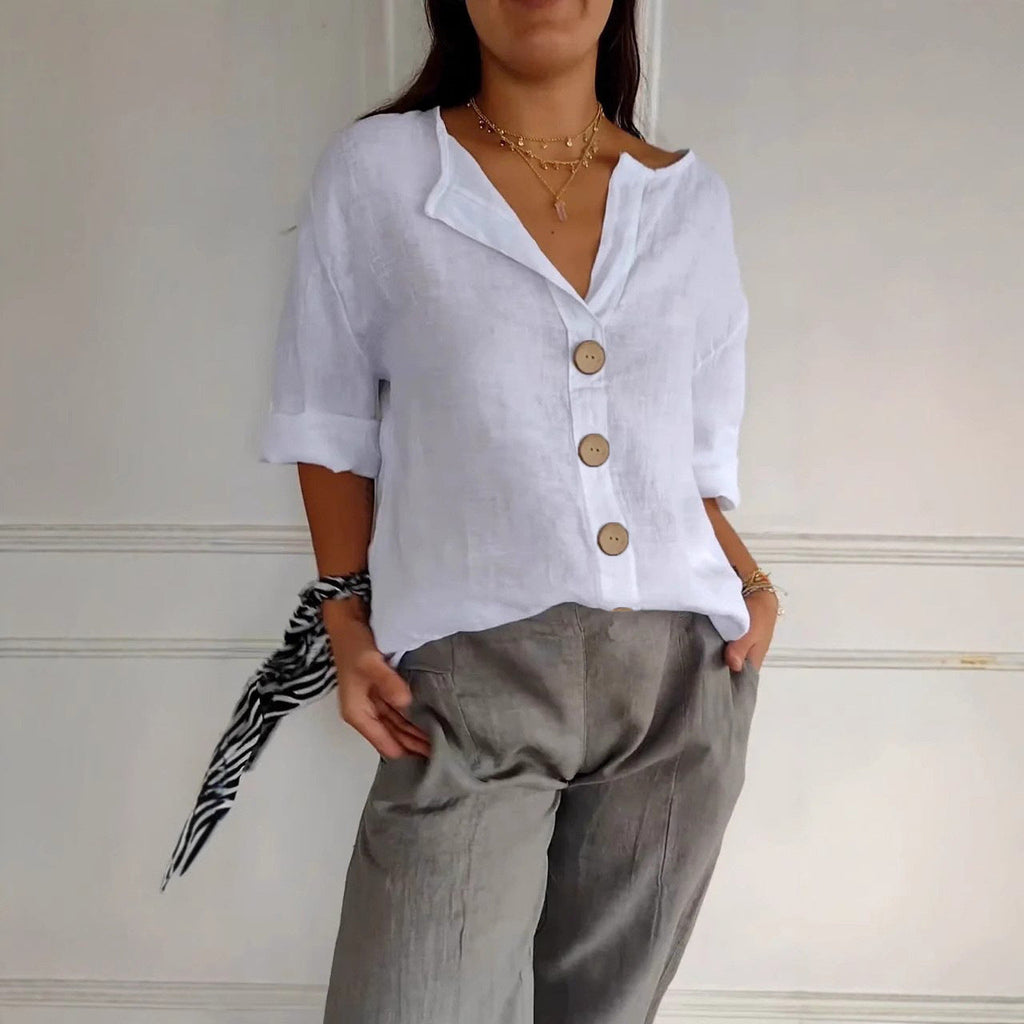 Loose Shirt Women's V-neck Cotton and Linen Button T-shirt Top Women