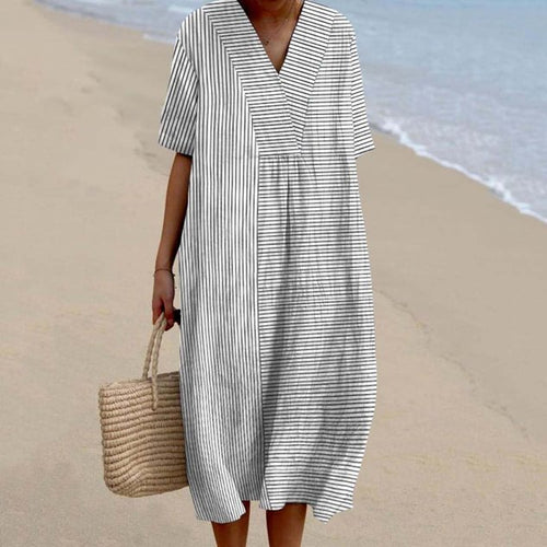 Boho Striped Cotton-Blend V Neck Dress With No