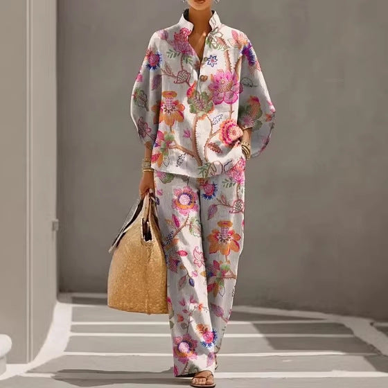 Stand-up collar polo shirt & wide-leg pants retro print two-piece set