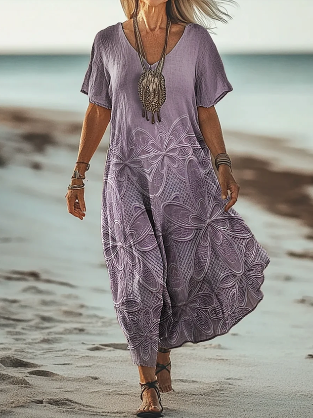 Regular Fit Floral Cotton Vintage Dress With No Belt