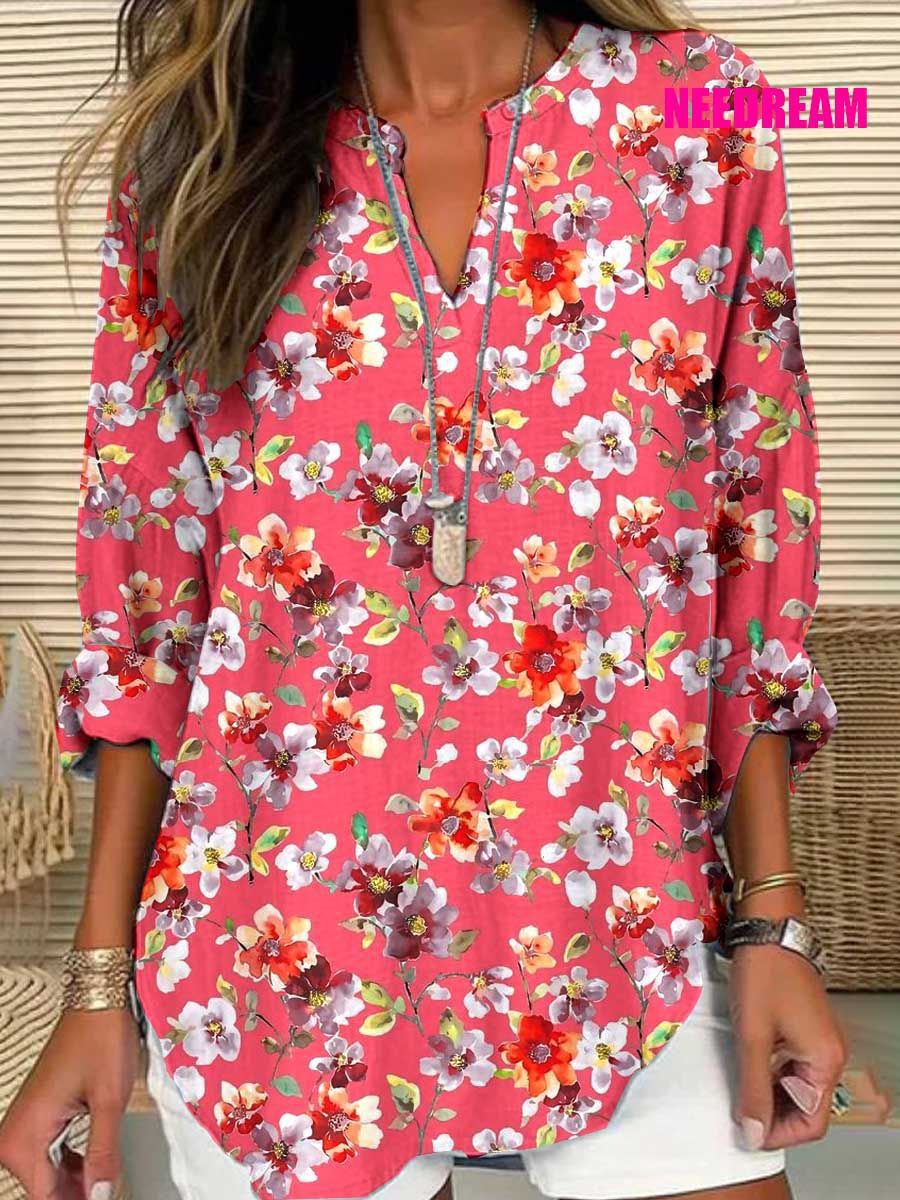 Split V-Neck 3/4 Sleeve Loose Fit Casual Top