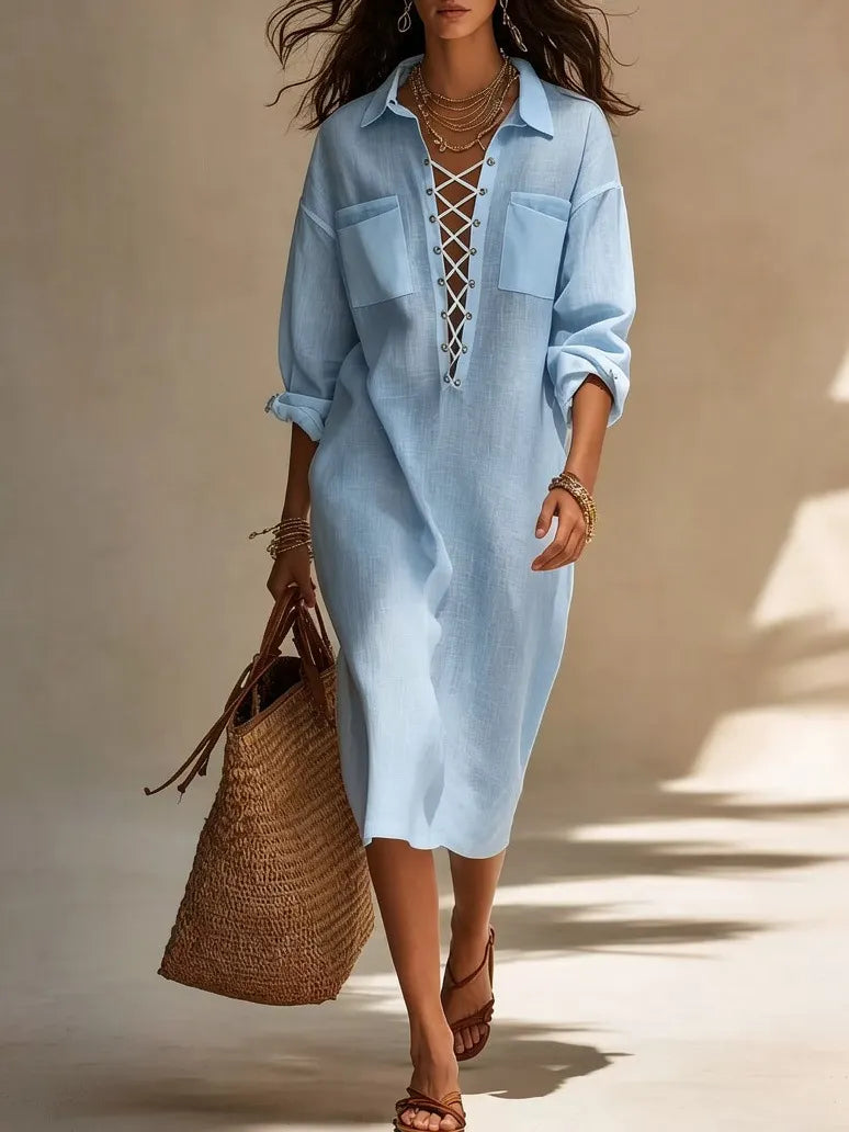 Minimalist Solid White Oversized Shirt Dress Collar Front Lace Up Placket Cuffed Sleeve Casual Vacation Midi Dress