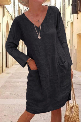 Casual Pocket V Neck Long Sleeve Linen Shift Dress For Women